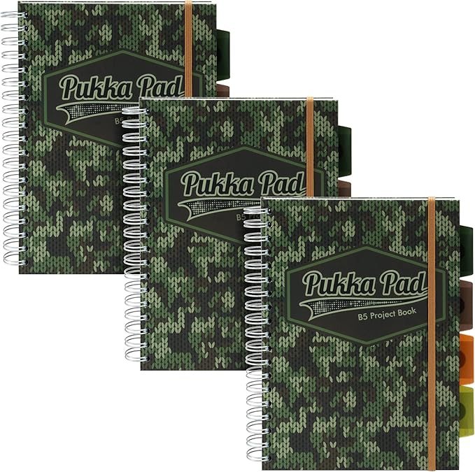 Pukka Pad 5 Subject Spiral Notebook 12-Pack - 200 Pages, 100 Sheets of 80GSM Paper with Repositionable Dividers & Perforated Edges for School & Office Planning & Organization - B5-7 X 10, Camo