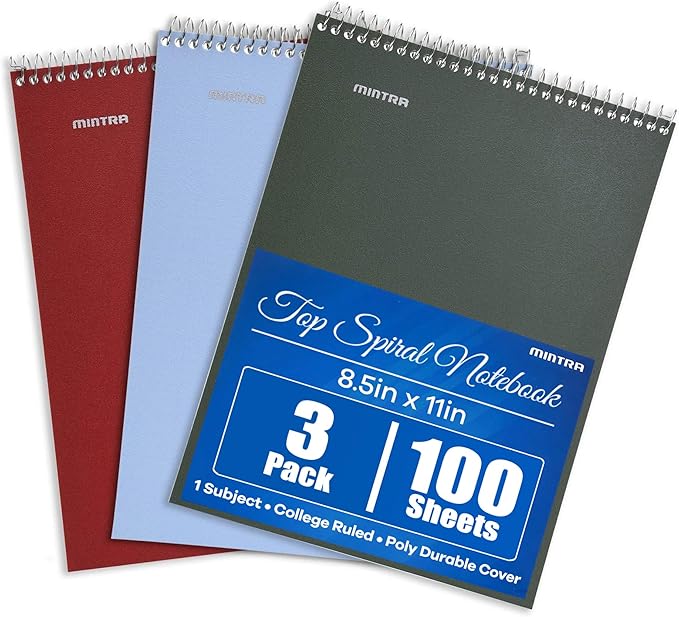 Mintra Office TOP BOUND Durable Spiral Notebooks (Arctic Ice, Chili Oil, Green Olive, College Ruled 3pk)