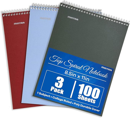 Mintra Office TOP BOUND Durable Spiral Notebooks (Arctic Ice, Chili Oil, Green Olive, College Ruled 3pk)