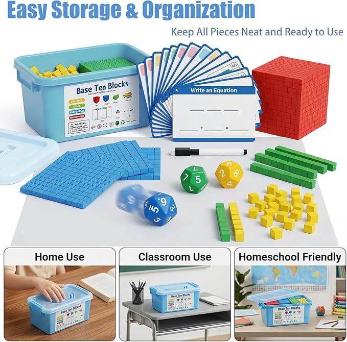 Base Ten Blocks 153 pcs Math Manipulatives, Base 10 Blocks for Math, Math Cubes & Place Value Blocks for Kids, Math Counters for 1st Grade Kindergarten Classroom Homeschool Learning Kit