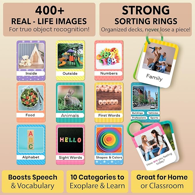 QUOKKA 225 Toddler Flash Cards with Rings – Realistic Learning Cards for Ages 1–3 – Alphabet, First Words, Animals etc – Portable Montessori Flashcards for Car Rides, Stroller Walks, Shopping &Travel