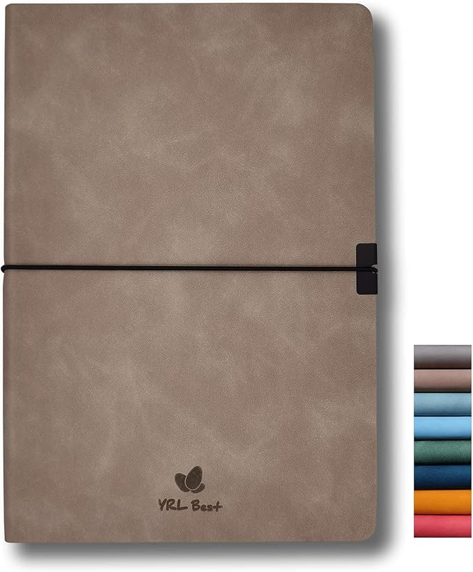 Softcover Bullet Notebook Journal, Dotted/Dot Grid, A5, 5.8x8.3 Inches, Premium Faux Leather, Creamy Thick Paper, Sewn Bound, Elastic Band, Inner Pocket, Pen Loop, Lays Flat, Light Brown