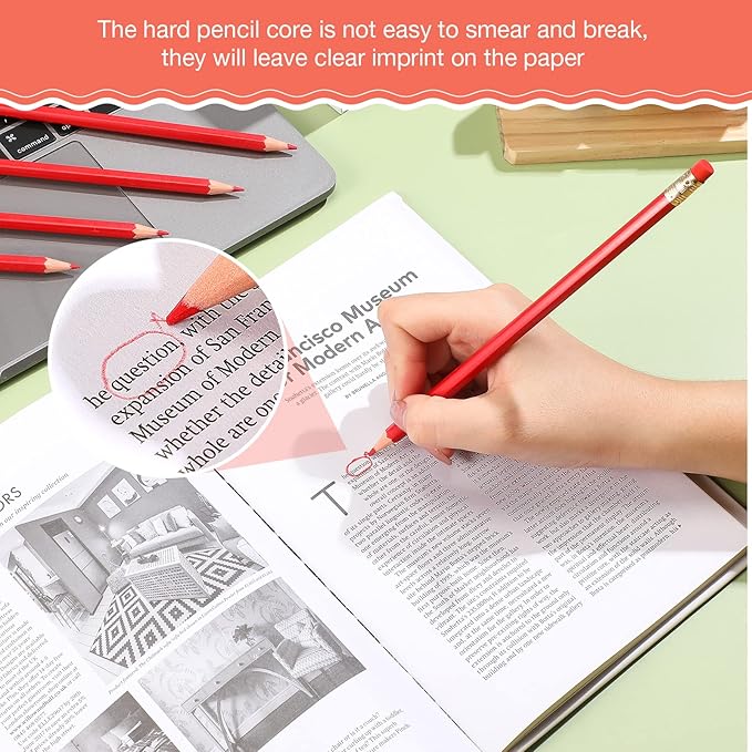 Chinco 12 Pieces Red Pencils with Eraser for Kids HB Erasable Pencils Pre-sharpened Wooden Pencil Correcting for Students School Writing Drawing Checking