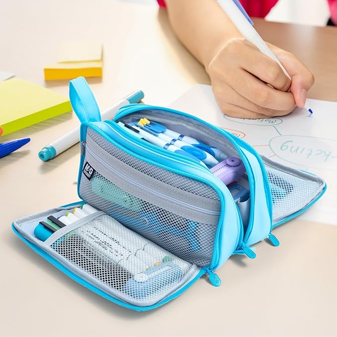 M&G Large Pencil Case, Big Capacity Pencil Pouch with 3-layer Compartment, Portable Handheld Pencil Bag, Cute School Stationery Organizer for Boys Girls Men Women, Ideal for Office School,Blue