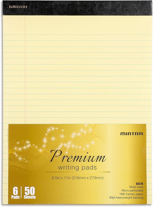 Mintra Office Canary Legal Pads - Premium Quality Heavyweight Paper With Micro-perforated sheets, Smooth-lined paper, Ideal for Office Tasks, Assignments or Notes, Meetings, and Journaling, 6 pack WIDE RULED, Yellow Paper, Premium Writing Pad, 8.5"x11"