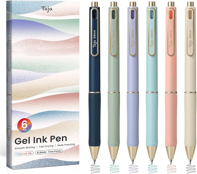 Taja Gel Pens, 6 Pcs Quick Dry Pastel Gel Ink Pens, 0.5mm Fine Point Smooth Writing Pens for Journaling and Note Taking, Cute Aesthetic Pens for Women & Men-Multicolor Ink