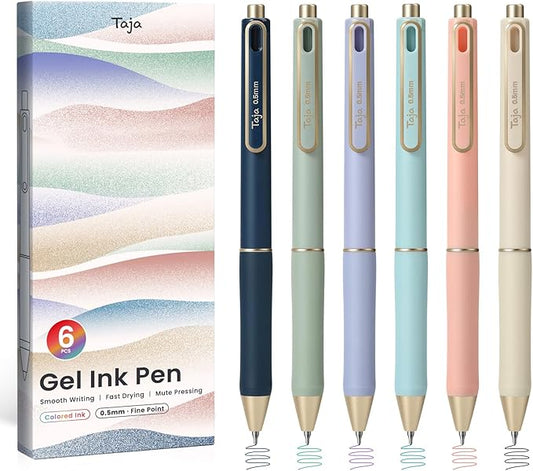 Taja Gel Pens, 6 Pcs Quick Dry Pastel Gel Ink Pens, 0.5mm Fine Point Smooth Writing Pens for Journaling and Note Taking, Cute Aesthetic Pens for Women & Men-Multicolor Ink