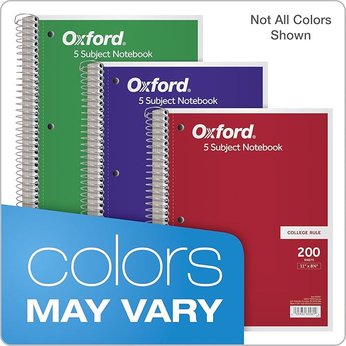 Oxford 5-Subject Notebook, 8-1/2" x 11", College Rule, 200 Sheets, 4 Dividers (65581)