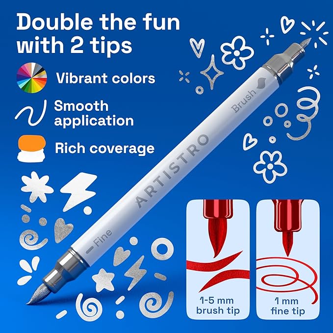 ARTISTRO 12 Metallic Acrylic Paint Markers - Paint Pens for Drawing, Brush + Fine Tips - For Fabric, Rock, Glass, Wood, DIY - Art & Craft Supplies for Adults, Teens, Kids - Teacher Appreciation Gift