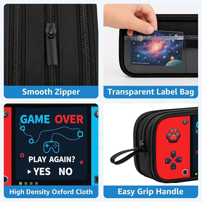 Game Controller Pencil Case for Boys Kids Teens, Large Capacity Pencil Pouch with 3 Compartments, 7 Pockets and Label Pocket for School College Office Travel (Red & Blue)