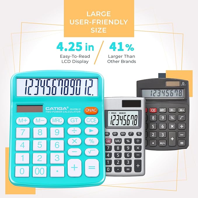 CATIGA Desktop Calculator (2 Pack) 12 Digit with Large LCD Display and Sensitive Button, Solar and Battery Dual Power, Standard Function for Office, Home, School, CD-2786 (Light Blue/Light Pink)