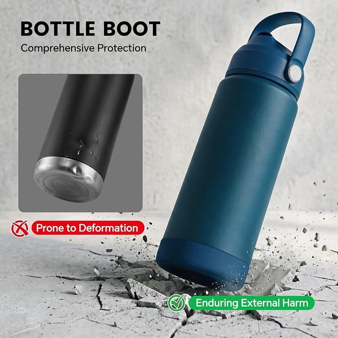 Fijinhom 18 oz Insulated Water Bottle with 2 Lids, Stainless Steel Water Bottles, Double Wall Vacuum, Portable Handle & Non-slip Bottom, BPA Free Leak Proof Metal Bottles, Keep Cold 24H, Dark Blue
