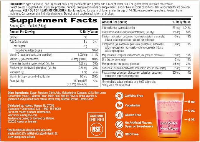 Emergen-C 1000mg Vitamin C Immune Support Powder Raspberry 30CT Includes Zinc, Manganese, 7 B Vitamins and Electrolytes for Back to School Essentials (Pack of 12)