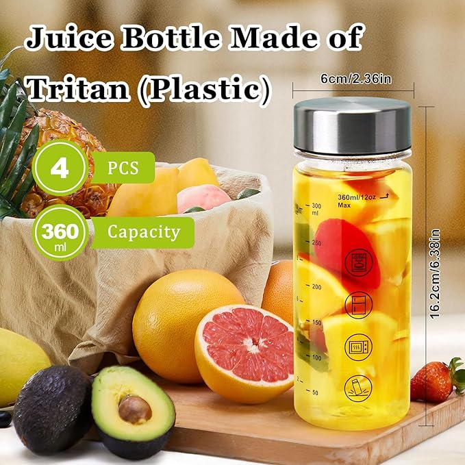 4 Pack Plastic Juice Bottles with Caps - Wide Mouth Resuable Clear Plastic Water Bottles for Juicing,Smoothie,Protein, Beverage,Storage Containers,BPA Free,Leakproof Stainless Steel Lid(12 Ounces)