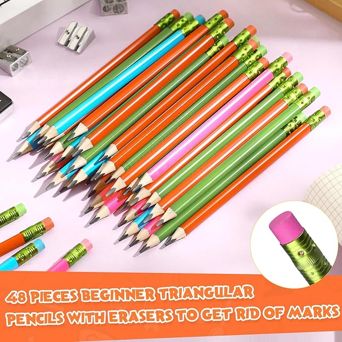 Fainne 48 Pcs Fat Pencils Jumbo Big Thick Large Pencils and 3 Pieces Sharpeners for Kids Beginners Preschoolers Kindergarten School Office Supplies(Multicolor,Triangle)
