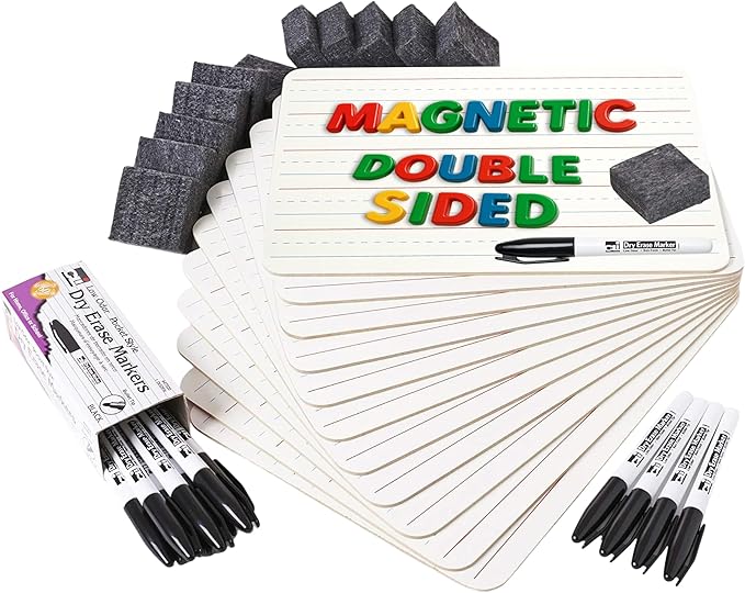 Charles Leonard Magnetic Lapboard Class Combo Pack, Includes 12 Each: 2 Sided Plain/Lined 9 x 12 Inch White Boards, 2-Inch Erasers, Black Dry Erase Markers (35045)