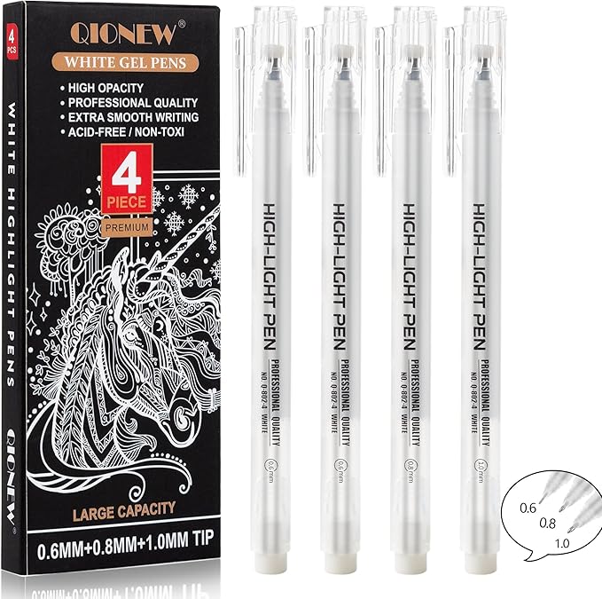 Qionew White Gel Pens,1.0mm,0.8mm,0.6mm Fine Point Assorted Tip, Opaque White Archival Ink Pen for Black Paper Drawing, Sketching, Illustration, Bullet Journaling,4-Pack