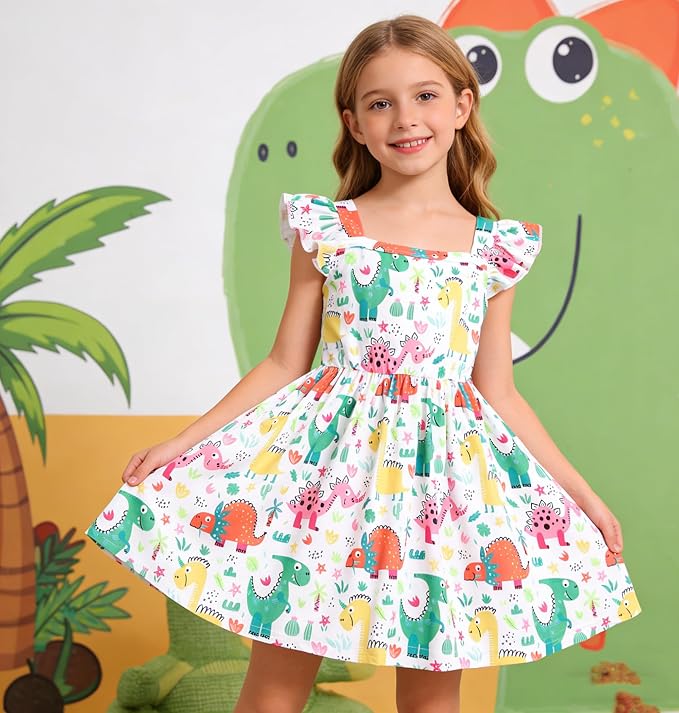 Popshion Girls Dresses Flutter Sleeve Swing Sundress Toddler Summer Clothes Kid Birthday Party Sleeveless Dress 1-8 Years Old