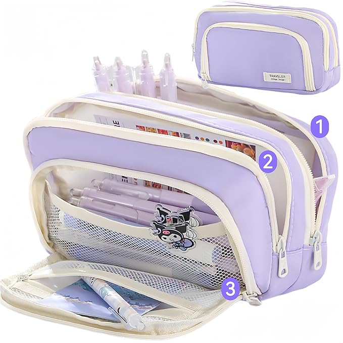 Big Capacity Pencil Case 3 Compartments Large Pencil Pouch Pen Bag Pencil Box Holder Organizer Simple Storage Aesthetic Stationery Cosmetic for Adults Men Women Office Essentials (Purple)