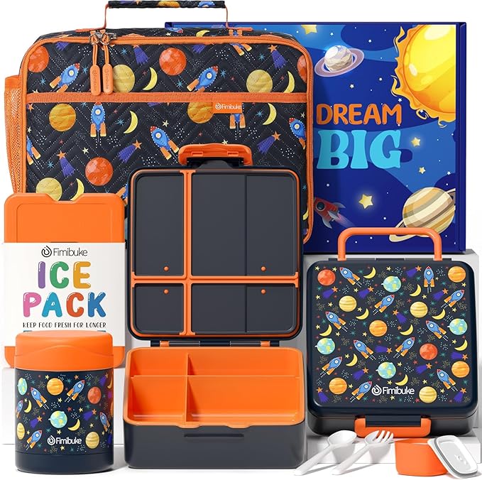 Fimibuke Kids Bento Snack Lunch Box with 4 Compartment, Insulated Lunch Bag, Stainless Steel Vacuum Thermo Food Jar, Ice Pack, Utensils Set, Birthday Gifts for Age 3-12 Back to School Toddler Girl Boy