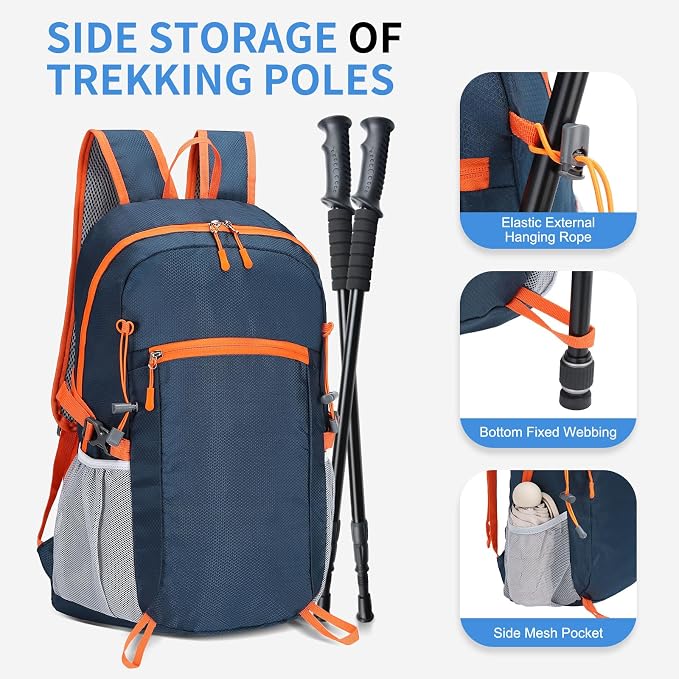 30L Large Hiking Daypack, Foldable Outdoor Backpack, Dark Blue | Packable Daypacks for Men Women, Lightweight Water-Repellent Collapsible Daypack for Commuting Outdoor Sports Camping