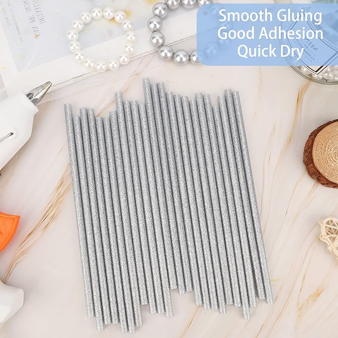 Manarty Glitter Silver Hot Glue Sticks, 24PCS Mini Size 0.27" Dia x 8" Long Hot Melt Glue Stick Colored, All Temperature Adhesive EVA Glue Sticks for Repairing Sealing Stamp DIY Art Craft Decoration