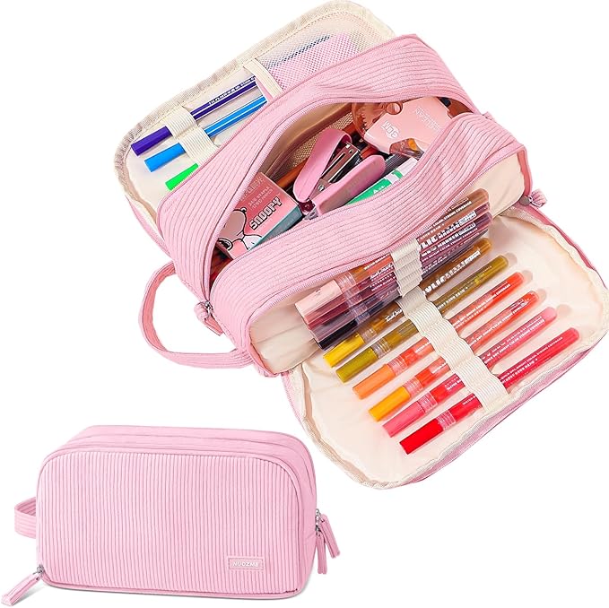 3 Compartment Pencil Case, Extra Large Capacity School Supplies Pencil bag with Easy Handle, Soft Corduroy Pencil Pouch, Aesthetic Supply Pen Case Bag Organizer For Teen Girls College (Pink)