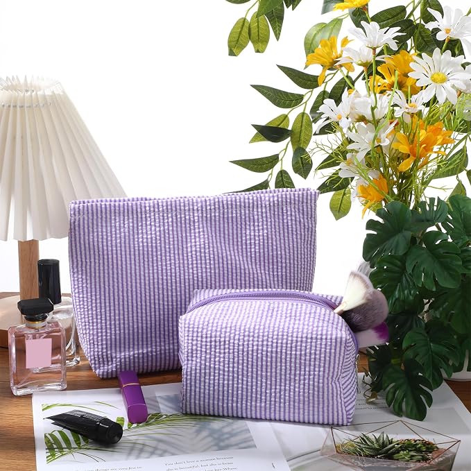 Huhumy 2 Pcs Makeup Bag Set for Women, Purple, Thin Striped Seersucker | Cute Cosmetic Pouch Women Travel Toiletry Bag Preppy Small Makeup Purse Pouch Aesthetic Skincare Brushes Storage Organizer