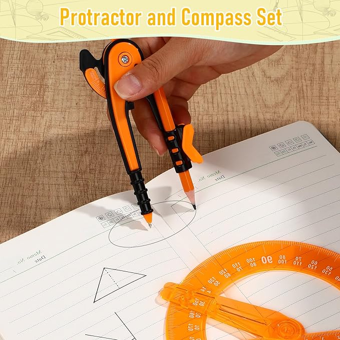 Zonon 2 Pcs Student Protractor and Compass, Student Geometry Math Set Drawing Compass and 180 Degree 6 Inch Protractor with Swing Arm for Drawing Measuring School Office (Orange)