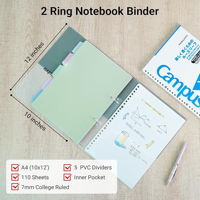 KOKUYO 5 Subject Spiral Notebook Journal, Campus 110 Sheets A4 Refillable Notebook with Dividers Tabs, College Ruled Binder Notebook for Work School Note taking, Yellow