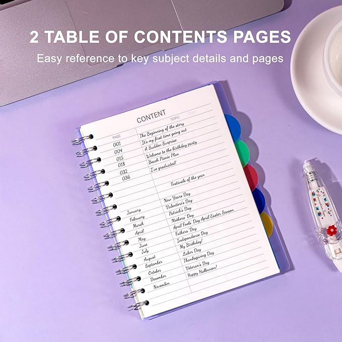 FLYING EAGLE 2 Pcs 5 Subject Notebook Wide Ruled, Small Spiral Notebook 5x7 for Work, 408 Pages Lined Journal with Removable Dividers, Small Notebooks for Work, Violet