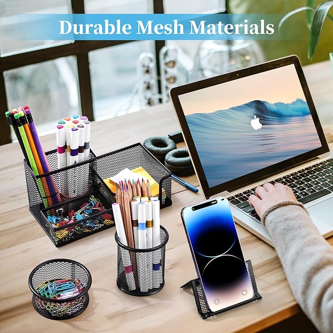 2-Piece Desk Pen & Pencil Organizer - Mesh Metal Pen Cup with Sticky Notes Holder, Black | Pen Cup