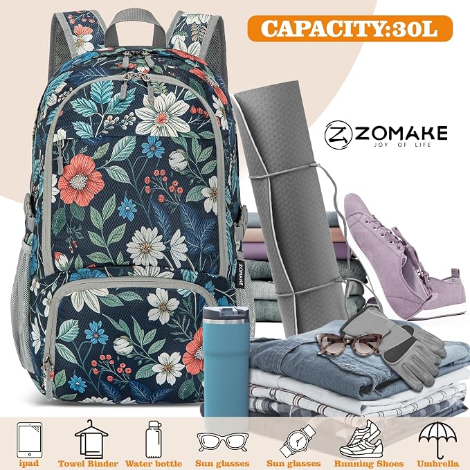 ZOMAKE Lightweight Packable Backpack 30L, Foldable Travel Hiking Daypack | Water Resistant Collapsible Backpacks, Folding Day Pack for Outdoor Camping Sport, Everyday Carry(Navy blue,Floral pattern)