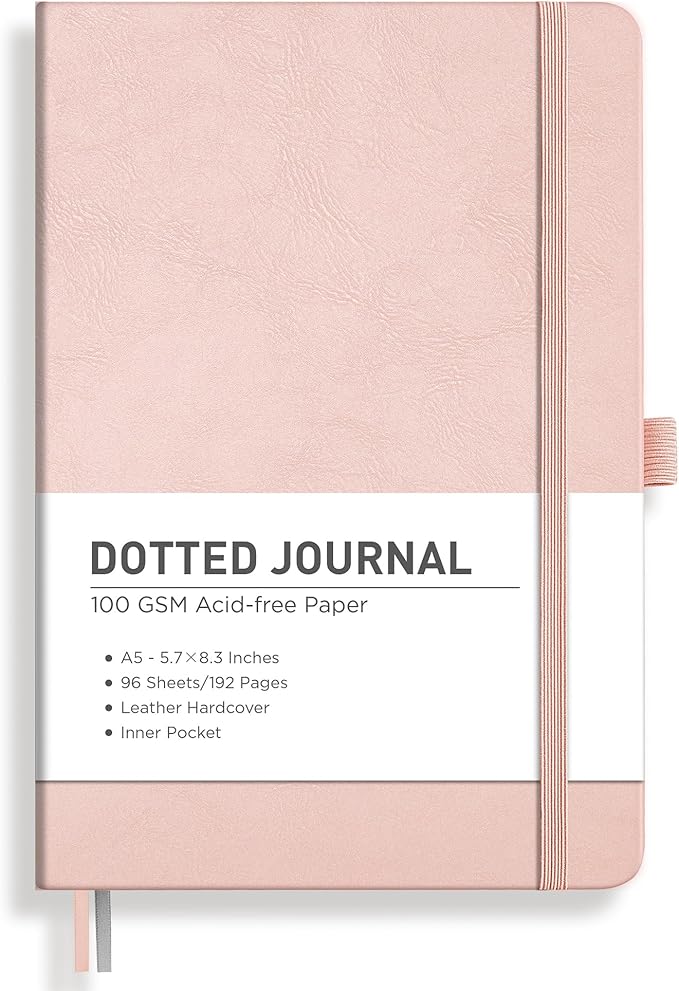 RETTACY Dotted Journal Notebook, 192 Pages, A5 Medium Size (5.7'' x 8.3''), Leather Hardcover, 100 GSM Thick Paper, for Journaling, Planning, Tracking (Rose Gold)