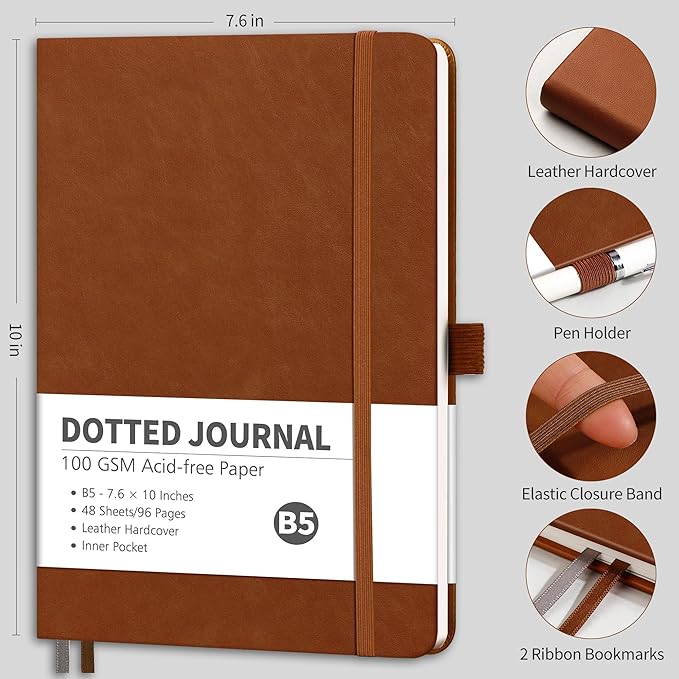 RETTACY Dotted Journal Notebook, 96 Pages, B5 Medium Size (7.6'' x 10''), Leather Hardcover, 100 GSM Thick Paper, for Journaling, Planning, Tracking (Brown)