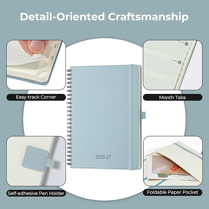 Planner 2026-2027 Daily Weekly and Monthly,8.5"x6.5",18 Months Spiral Bound Calendar Agenda with Self-adhesive Pen Holder,2026 Academic Plan with Vegan Leather Soft Cover,Dusty Blue