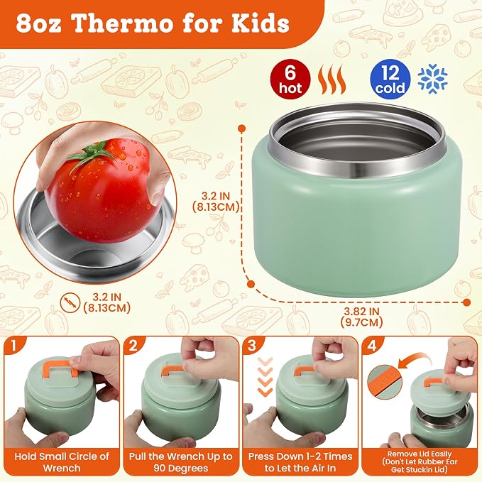 MAISON HUIS Bento Lunch Box with 8oz Soup Thermo, 5-Compartment Leak-Proof Container, Thermo Hot Food Jar and Insulated Lunch Bag, BPA Free,Travel, School (Light green)