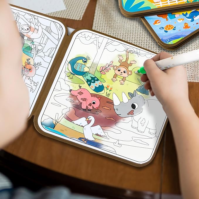 Smilo 4 Pack Magic Water Coloring Book for Kids, Reusable Mess-Free Painting Set with Alphabet, Numbers, Animal Themes, Fun Educational Sorting Game for Fine Motor Skills, Travel Gifts for Boys Girls