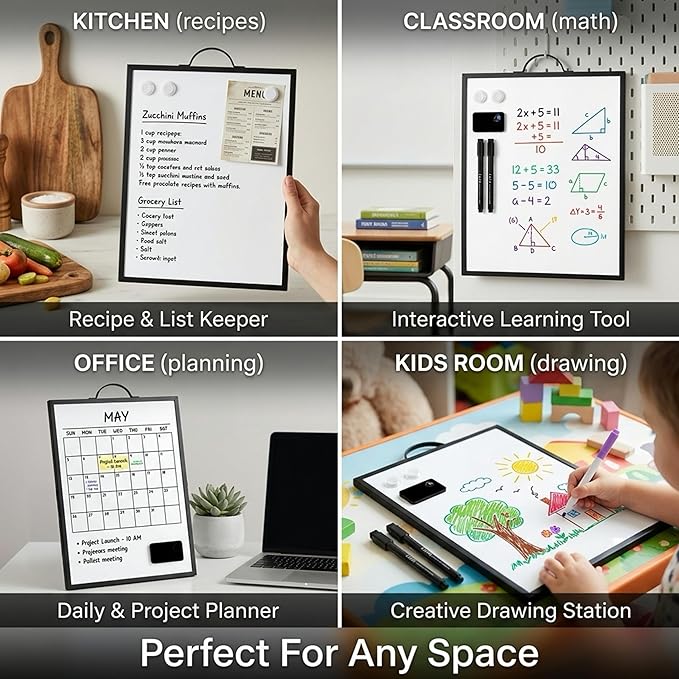 Magnetic Dry Erase Board 12x16 with Handle, Double Sided Portable Black Whiteboard for Home, Office, School & Kitchen