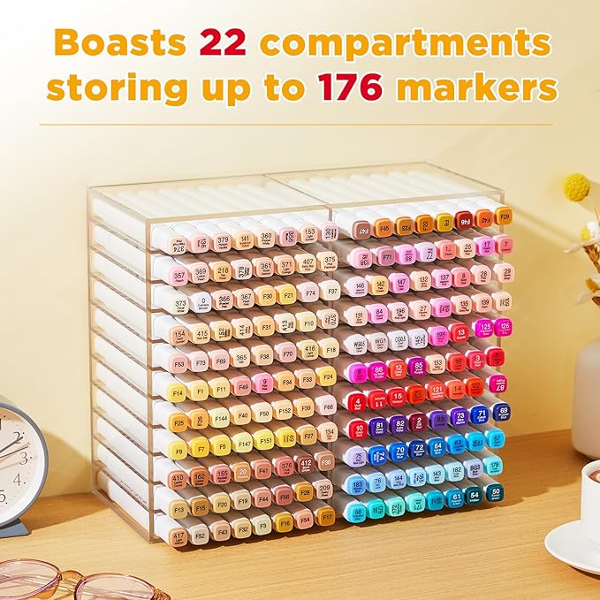 MotiMind Acrylic Marker Organizer for 176 Marker, Large Art Pencil Holder Storage Rack for Desk, Pens Art Brushes Display Stand with 22 Compartments for Desktop, Office (Clear, 176 Capacity)