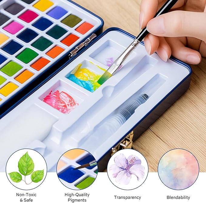 Finenolo 50 Colors Watercolor Paint Set with 8 Brushes (Water Brush + Detail Brushes), Mixing Palettes & Complete Accessories, Perfect for Beginners,Great for Outdoor Sketching, Painting Creation, Holiday Gifts