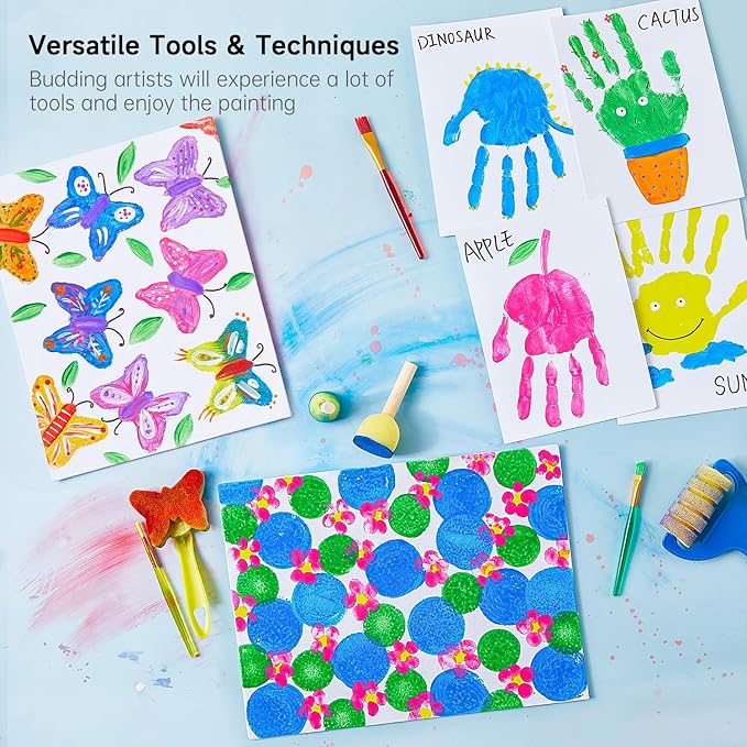 Shuttle Art Washable Finger Paint Set, 37 PCS with 10 Colors (2 fl oz) Non-Toxic Toddler Paint, Paint Brushes, Sponge, Smock, Toddler Art Supplies