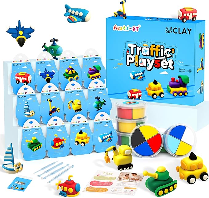 Air Dry Clay Kit -Traffic Theme, Modeling Clay for Kids, DIY Model Magic Clay with Sculpting Tools and Tutorials, 12 Boxes Molding Clay, Ultra Light, Soft & Non-Sticky, Arts and Crafts Gift for Kids