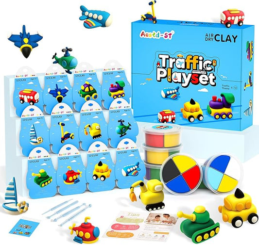 Air Dry Clay Kit -Traffic Theme, Modeling Clay for Kids, DIY Model Magic Clay with Sculpting Tools and Tutorials, 12 Boxes Molding Clay, Ultra Light, Soft & Non-Sticky, Arts and Crafts Gift for Kids
