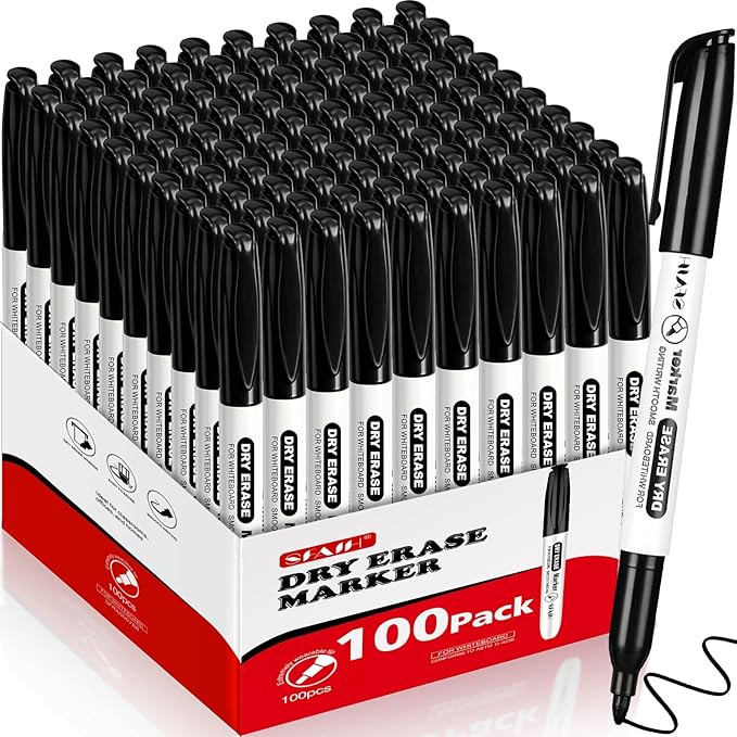 SFAIH Fine Tip Dry Erase Markers, Black, 100 Pack | Bulk Pack for Offices, Universities, Meetings & Corporate Training | Low-Odor Whiteboard Markers