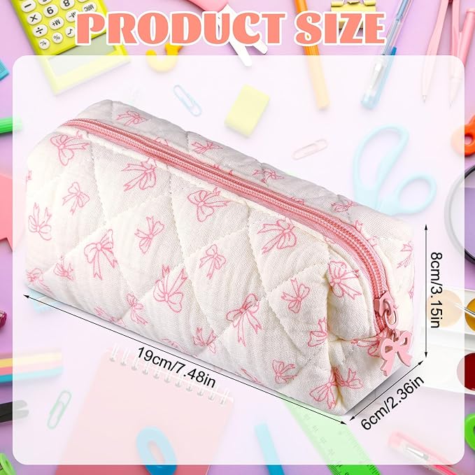 Sherr Coquette Bow Pencil Case Pink Bow Cute Pencil Pouch Soft Cotton Storage Bag Aesthetic Pattern Gift Makeup Pouch Cosmetic Bag for Women