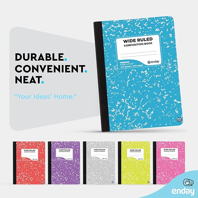 Enday Composition Notebook Wide Ruled (5 Pack, Assorted Colors) Hard Cover Marble Composition Notebook, 100 Sheets