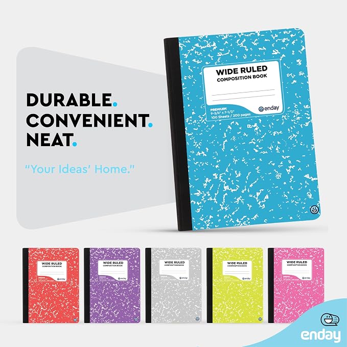 Enday Composition Notebook Wide Ruled (12 Pack, Assorted Colors) Hard Cover Marble Composition Notebook, 100 Sheets