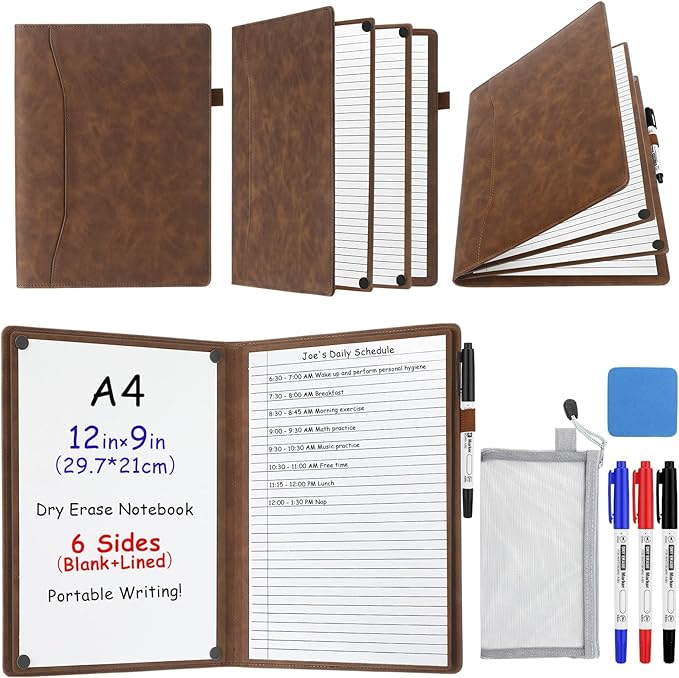 Feifeiya 6 Sides Dry Erase Notebook Portable Whiteboards Notebook Small Reusable College Ruled Lined Board Folding Mini Travel Dry Erase White Board for Office Study (Brown,A4: 9 x 12 Inches)