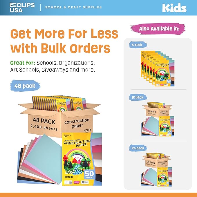 Construction Paper Bulk (2,400 Sheets) 9 x 12 Construction Paper for Kids Color Art Paper Assorted Colors 50 Sheets Per Pack (48 Pack)